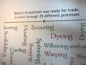 Image shows vinyls attached to wall in Broadcloth room depicting the 29 processes wool went through before becoming broadcloth. 